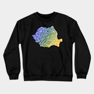 Colorful mandala art map of Romania with text in blue and yellow Crewneck Sweatshirt